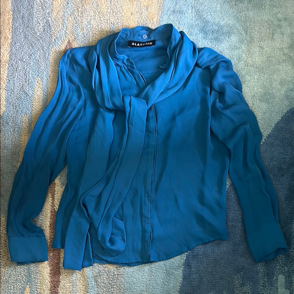 Blue Women's Silk Blouse with Scarf Detail